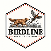 BirdLine Series dog gear illustration featuring a hunting dog and pheasant