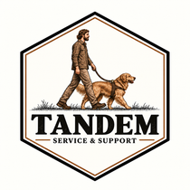 Tandem Series service dog gear illustration featuring a handler walking with a service dog