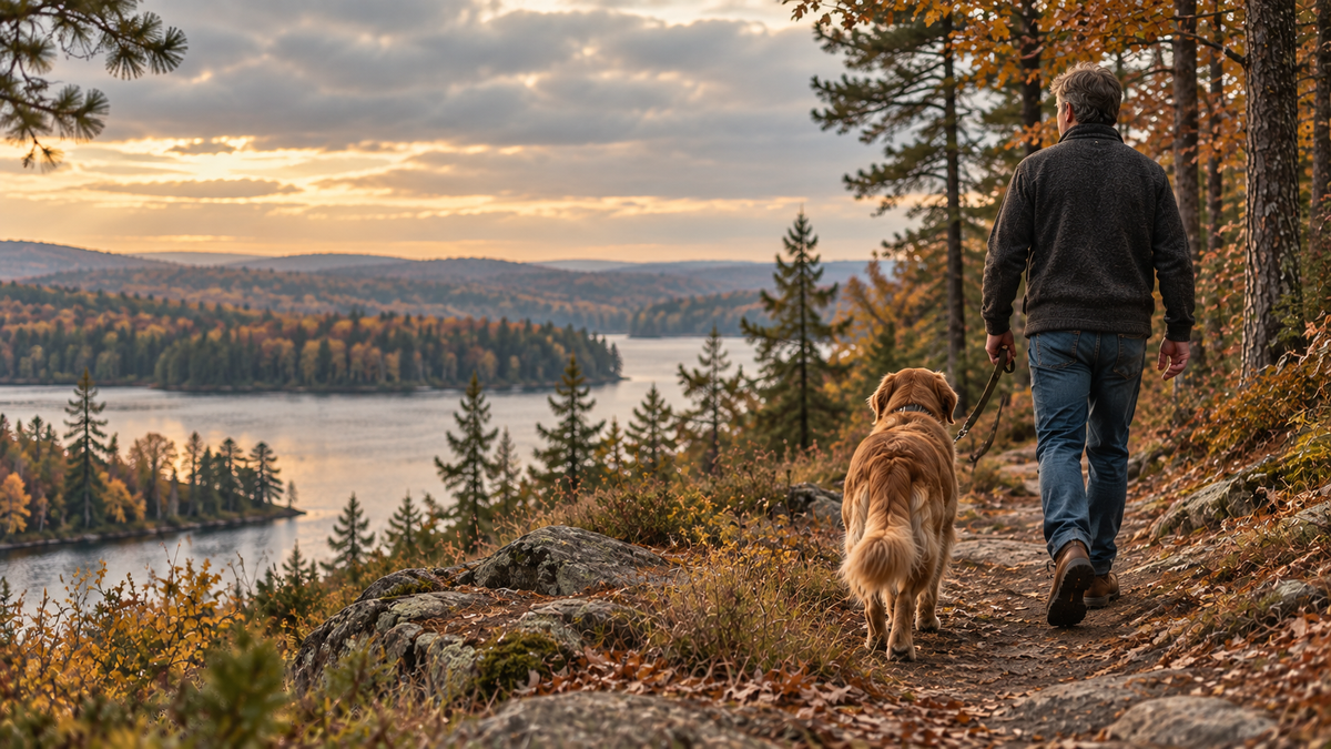 Handler and golden retriever on a leash walking an autumn ridge trail above a Michigan lake