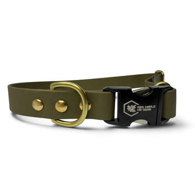 Olive green BioThane TrailSide dog collar with solid brass hardware, side view