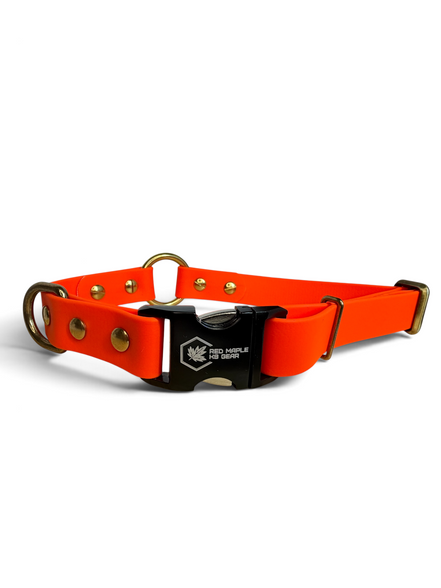 Blaze orange BioThane center-ring dog collar with brass D-ring and quick-release buckle