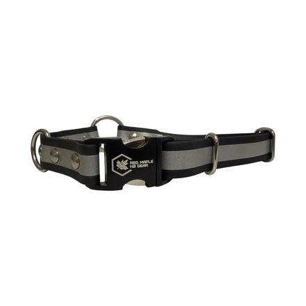Onyx reflective BioThane center-ring dog collar with stainless hardware and engraved buckle